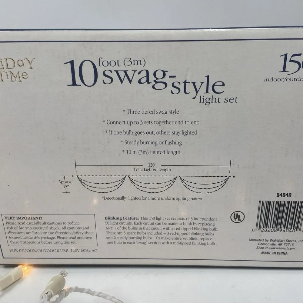 Swag-Style 10ft Indoor/Outdoor Light Sets White On White New in Box